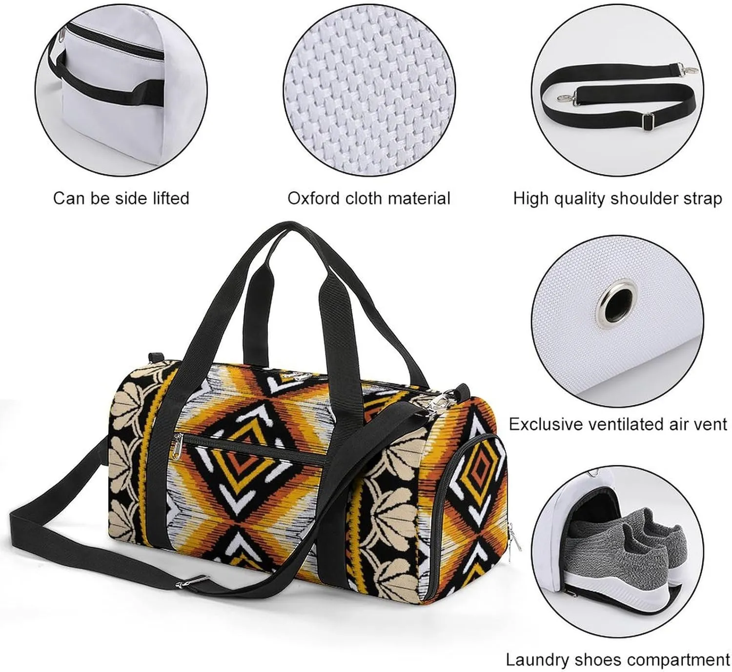 Gym Duffel Bag with Shoe Compartment Wet Pocket, Ethnic Geometric Print Travel Bag for Men Women