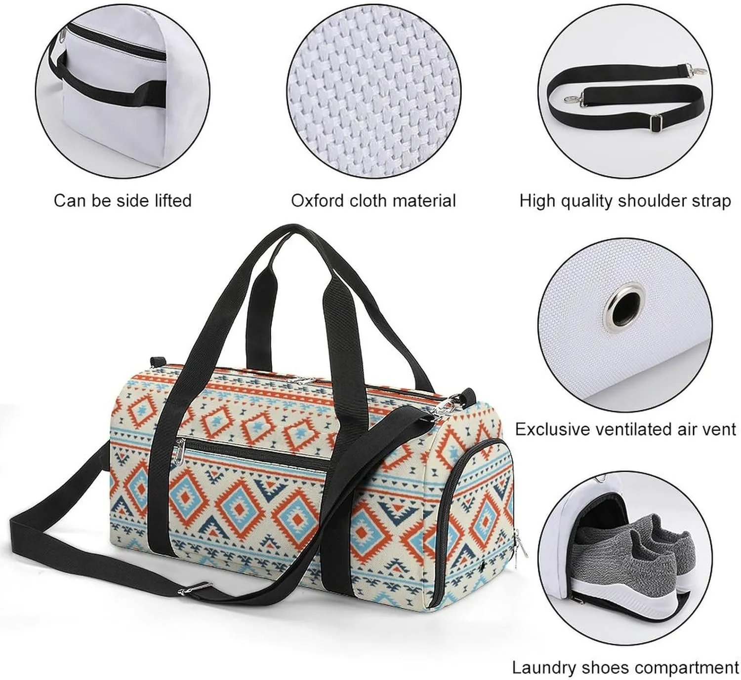 Gym Duffel Bag with Shoe Compartment Wet Pocket, Geometric Aztek Tribal Theme Travel Bag for Men Women
