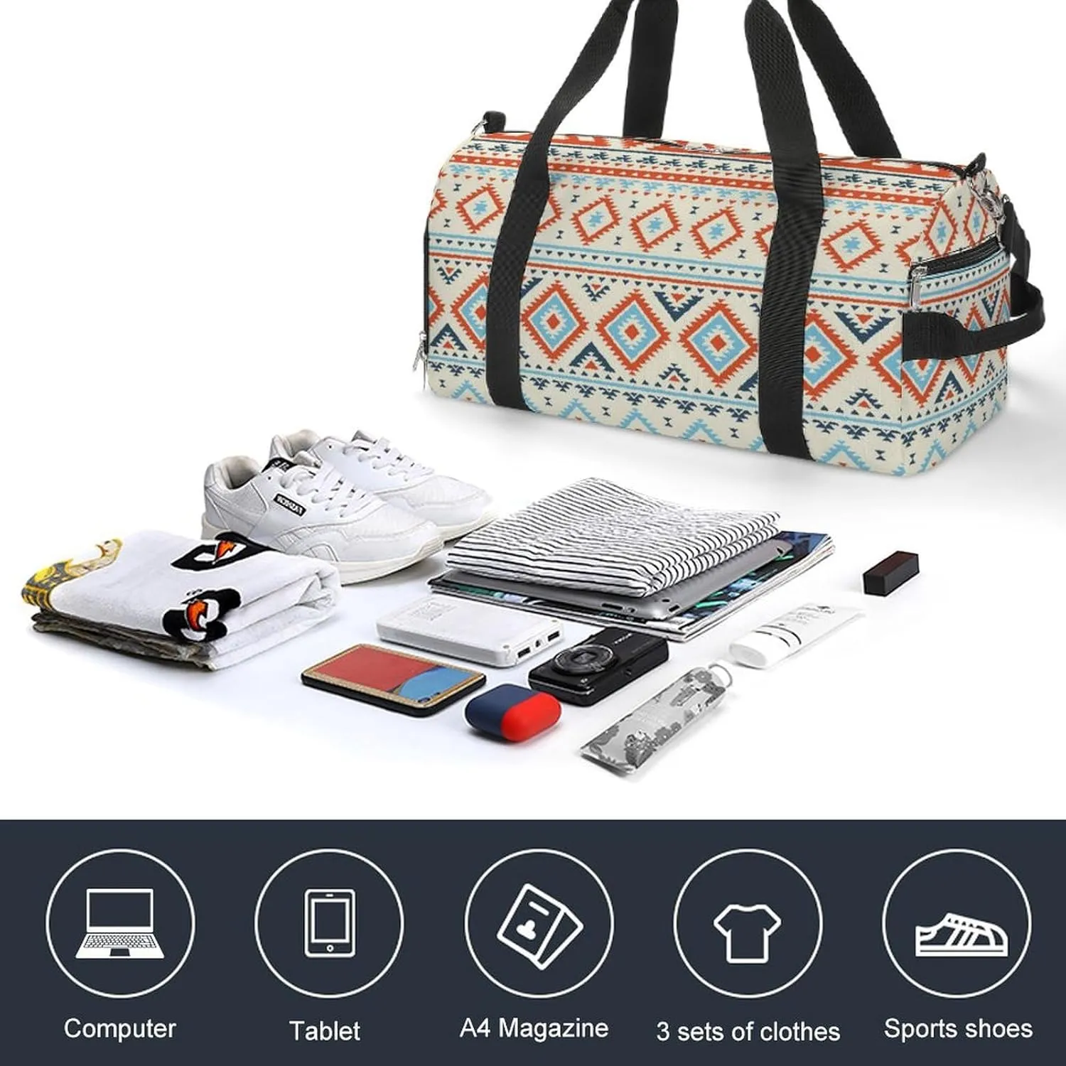 Gym Duffel Bag with Shoe Compartment Wet Pocket, Geometric Aztek Tribal Theme Travel Bag for Men Women