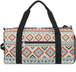 Gym Duffel Bag with Shoe Compartment Wet Pocket, Geometric Aztek Tribal Theme Travel Bag for Men Women