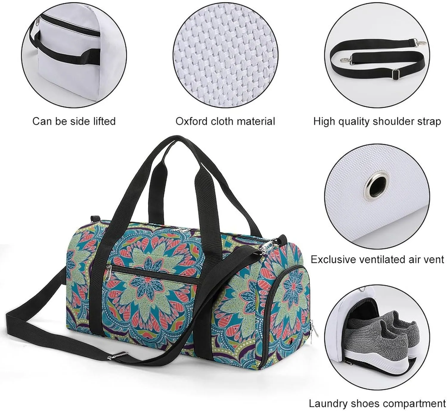 Gym Duffel Bag with Shoe Compartment Wet Pocket, Geometric Design Travel Bag for Men Women