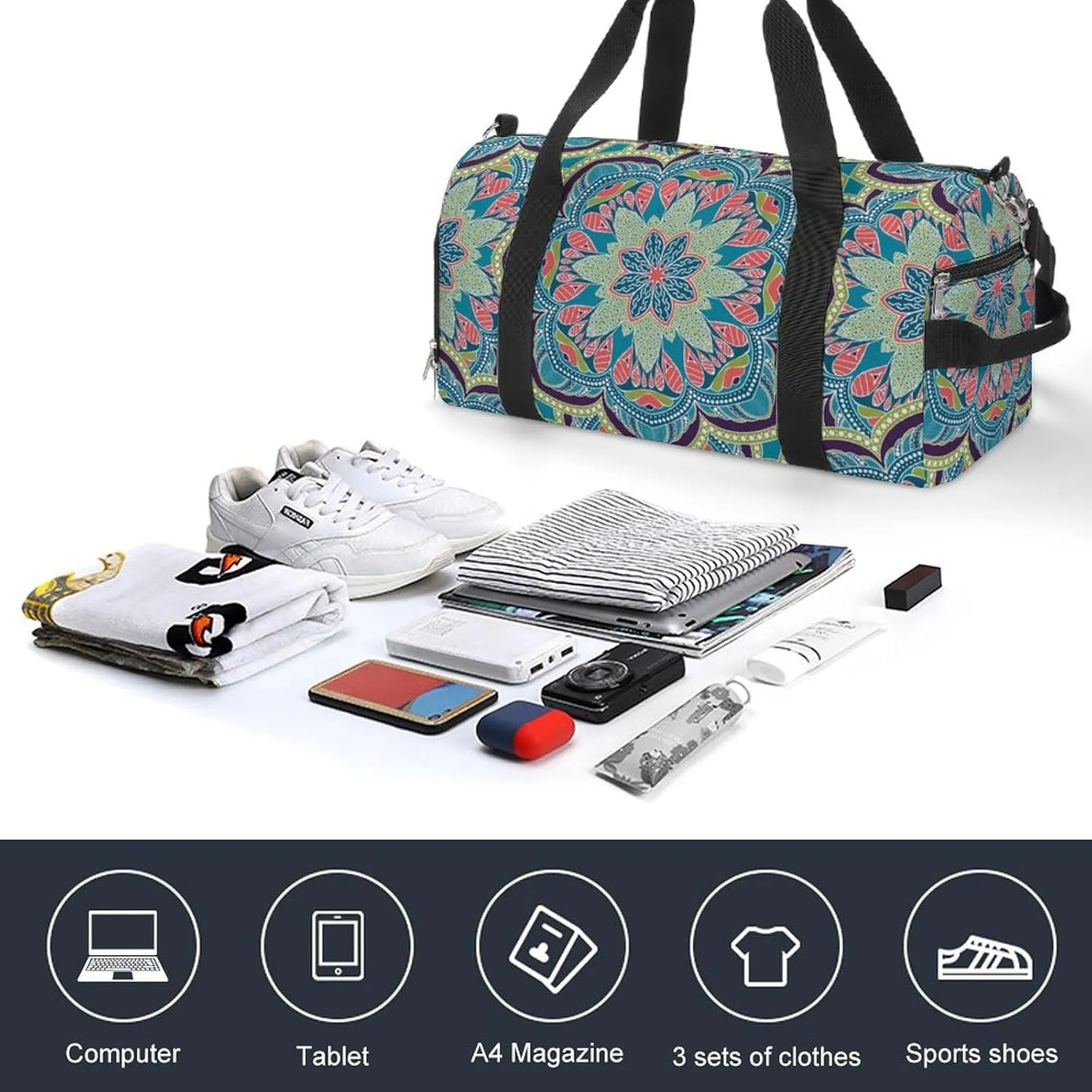 Gym Duffel Bag with Shoe Compartment Wet Pocket, Geometric Design Travel Bag for Men Women