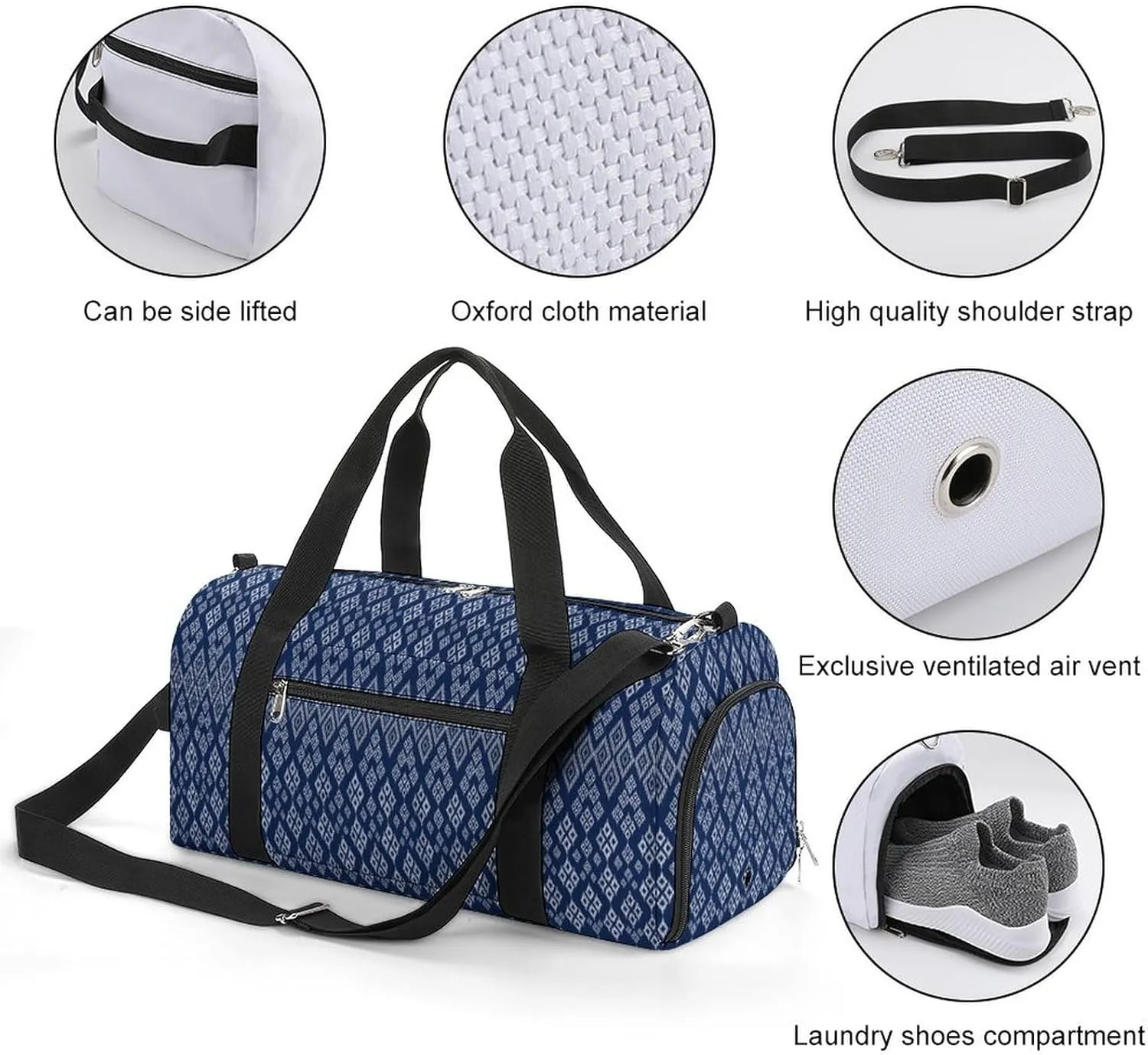 Gym Duffel Bag with Shoe Compartment Wet Pocket, Geometric Ethnic Asian Oriental Travel Bag for Men Women