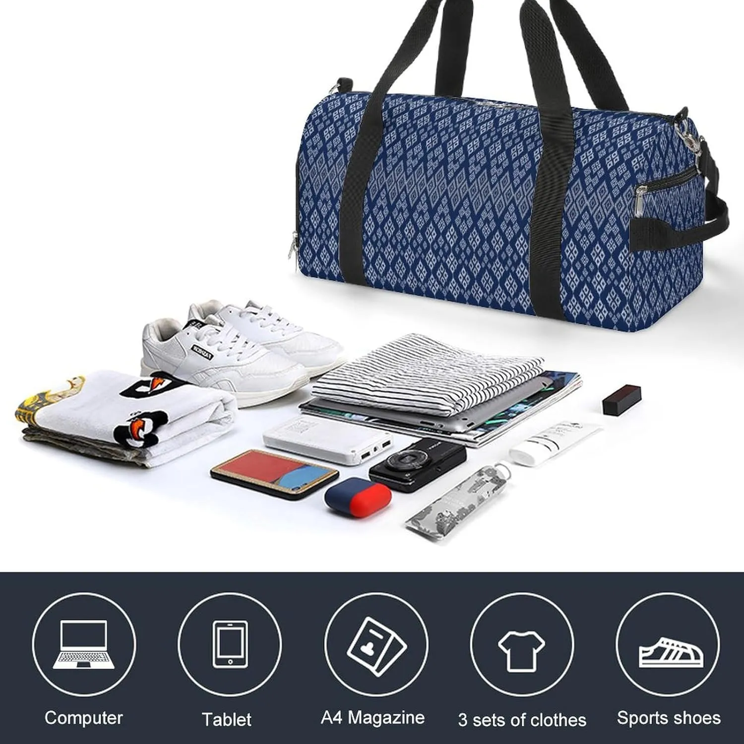 Gym Duffel Bag with Shoe Compartment Wet Pocket, Geometric Ethnic Asian Oriental Travel Bag for Men Women