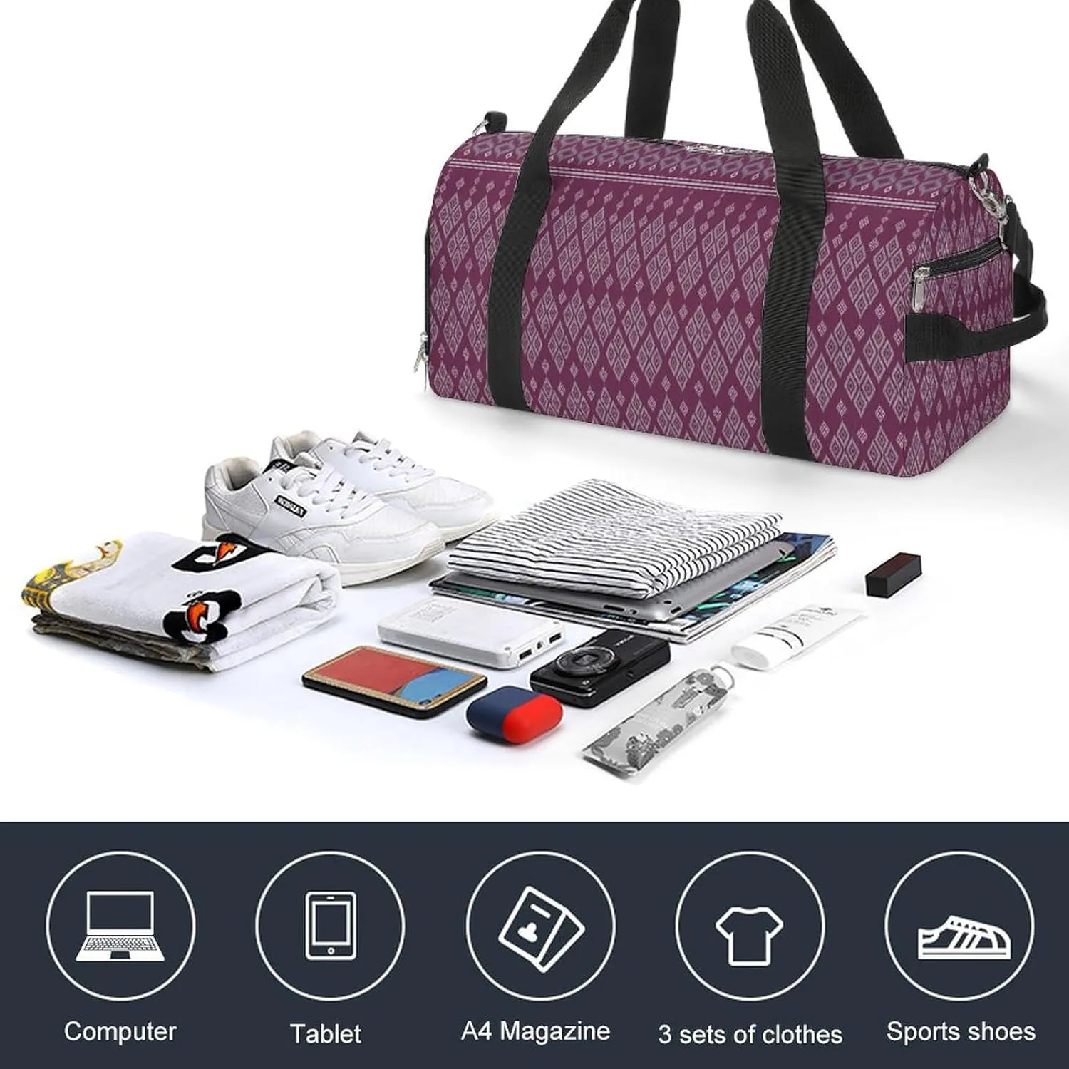 Gym Duffel Bag with Shoe Compartment Wet Pocket, Geometric Ethnic Asian Travel Bag for Men Women