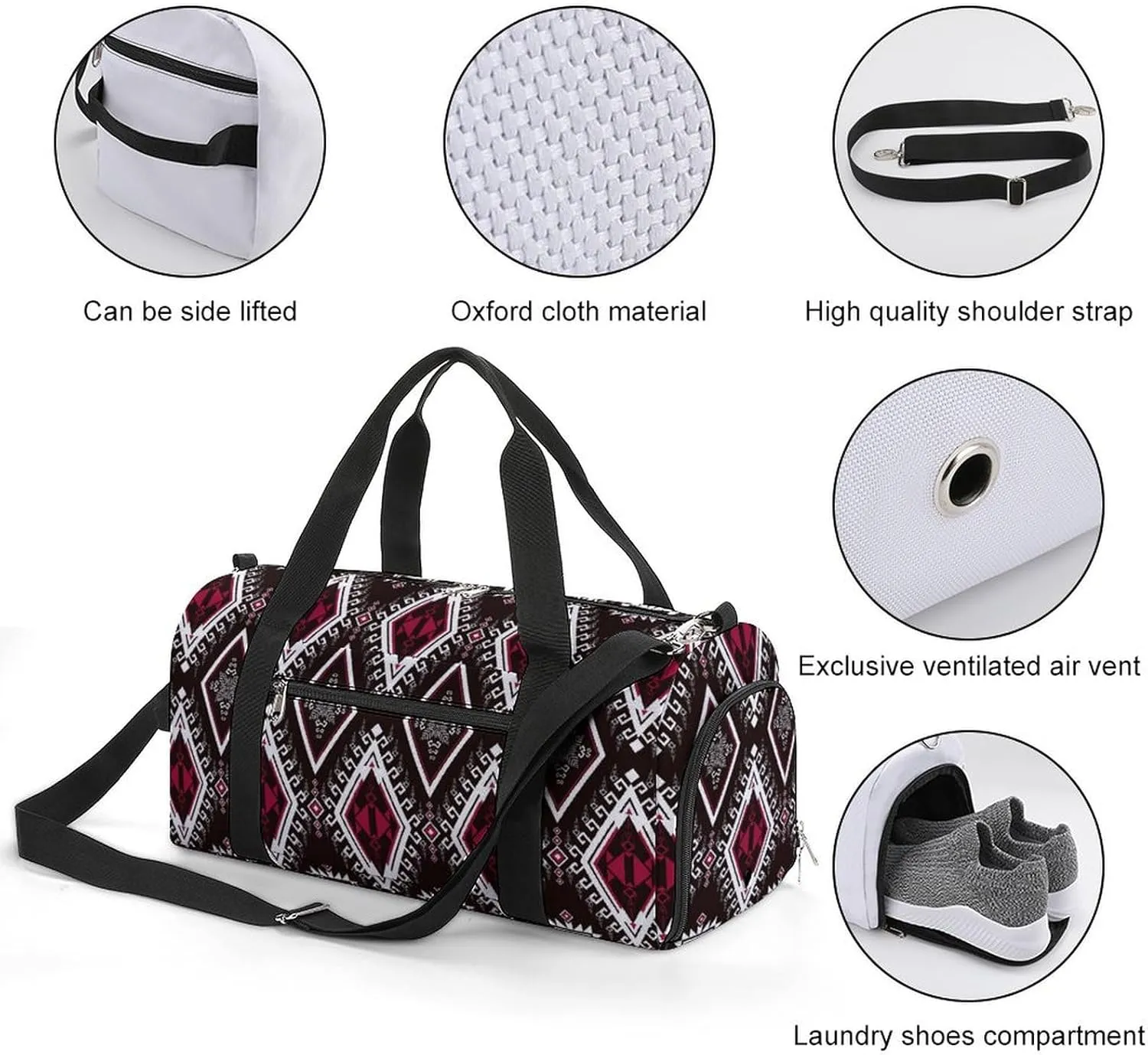 Gym Duffel Bag with Shoe Compartment Wet Pocket, Geometric Ethnic Pattern Travel Bag for Men Women