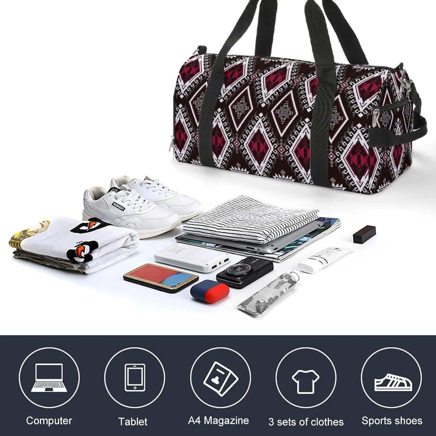 Gym Duffel Bag with Shoe Compartment Wet Pocket, Geometric Ethnic Pattern Travel Bag for Men Women