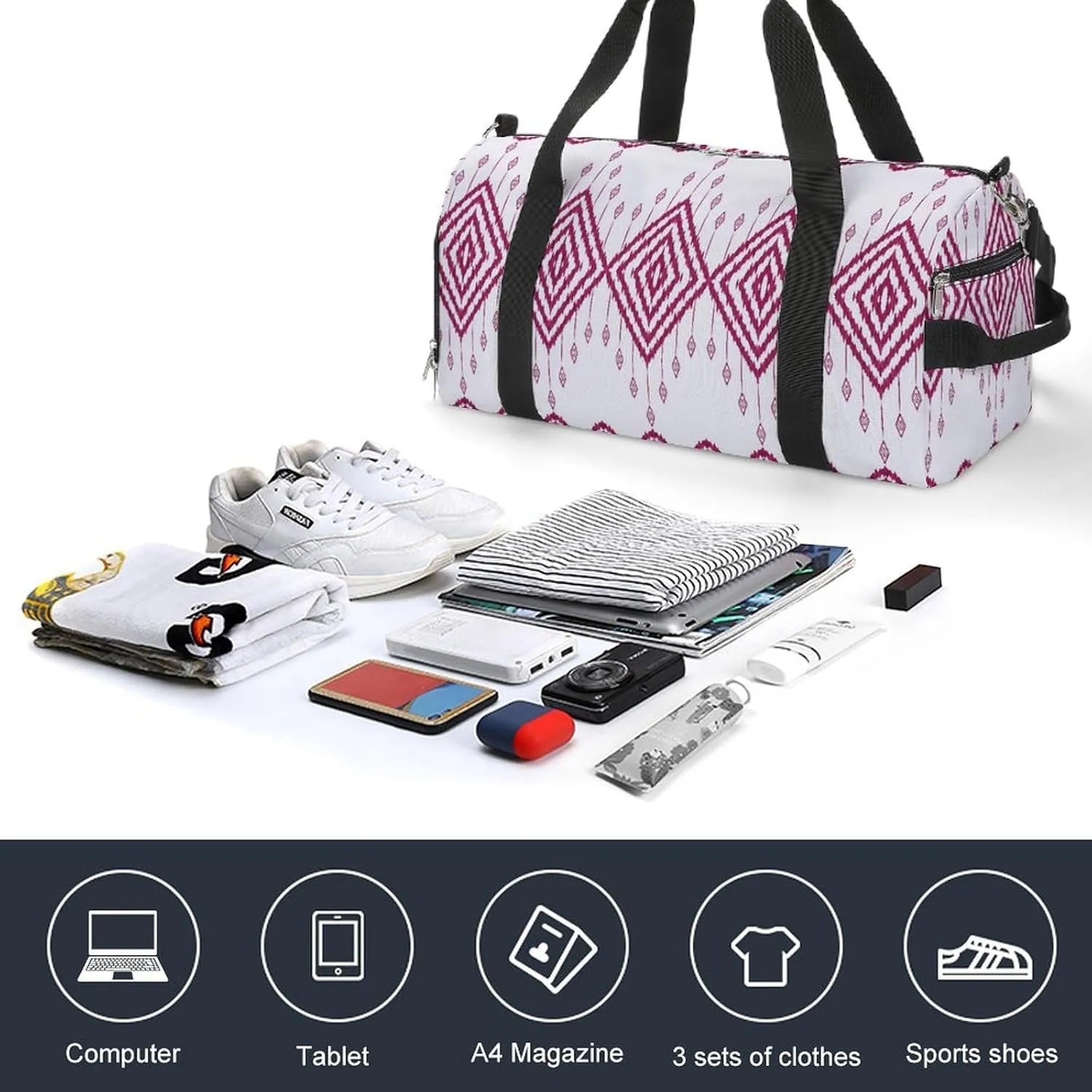 Gym Duffel Bag with Shoe Compartment Wet Pocket, Geometric Ethnic Tribal Motif Travel Bag for Men Women