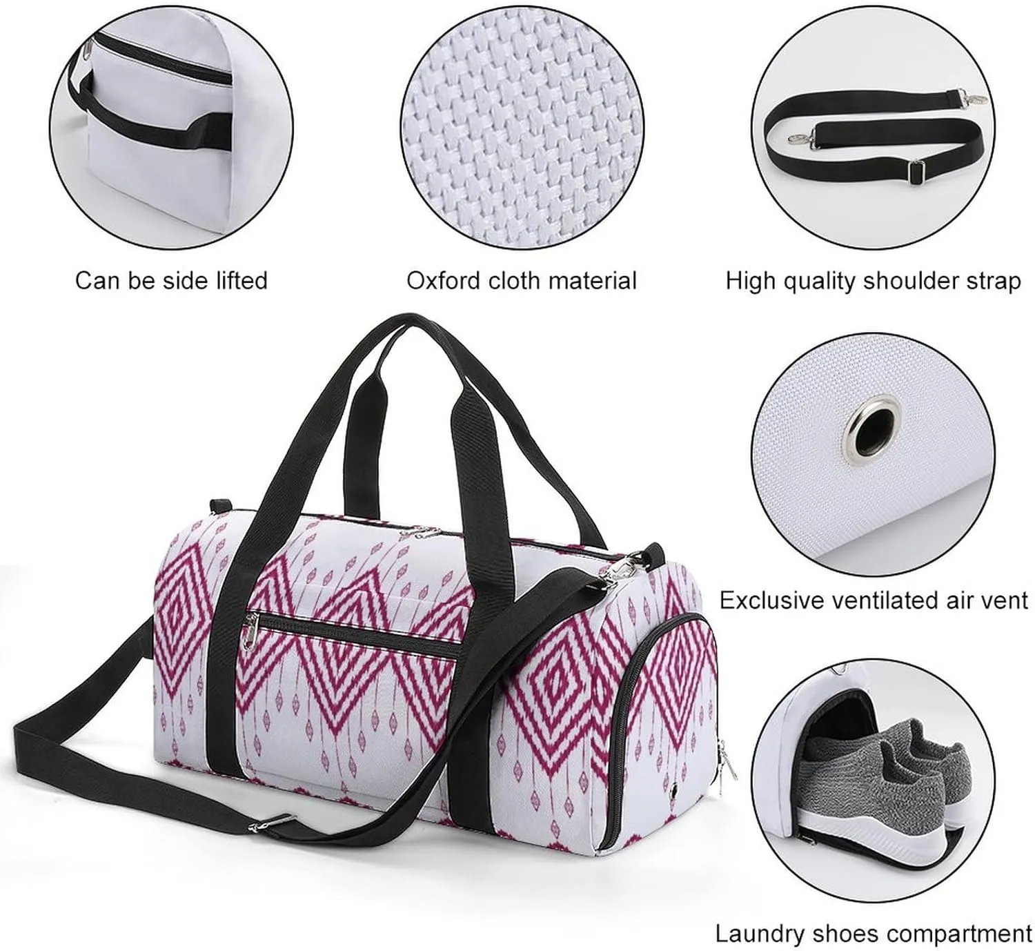 Gym Duffel Bag with Shoe Compartment Wet Pocket, Geometric Ethnic Tribal Motif Travel Bag for Men Women
