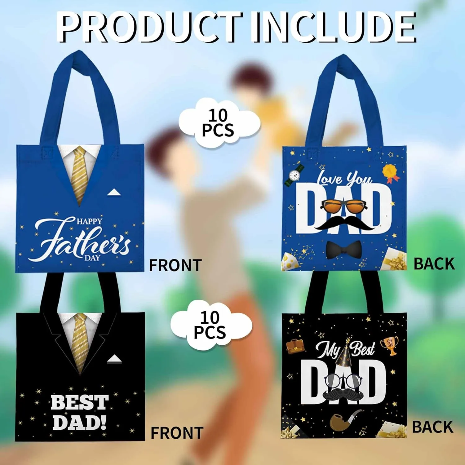 HABDJILTY 20 Pcs Father's Day Gift Bags Best Dad Treat Candy Goodie Bag with Handle Reusable Non-woven Gift Wrap Bags for Dad Grandpa Happy Fathers Day Party Favors Supplies Decorations