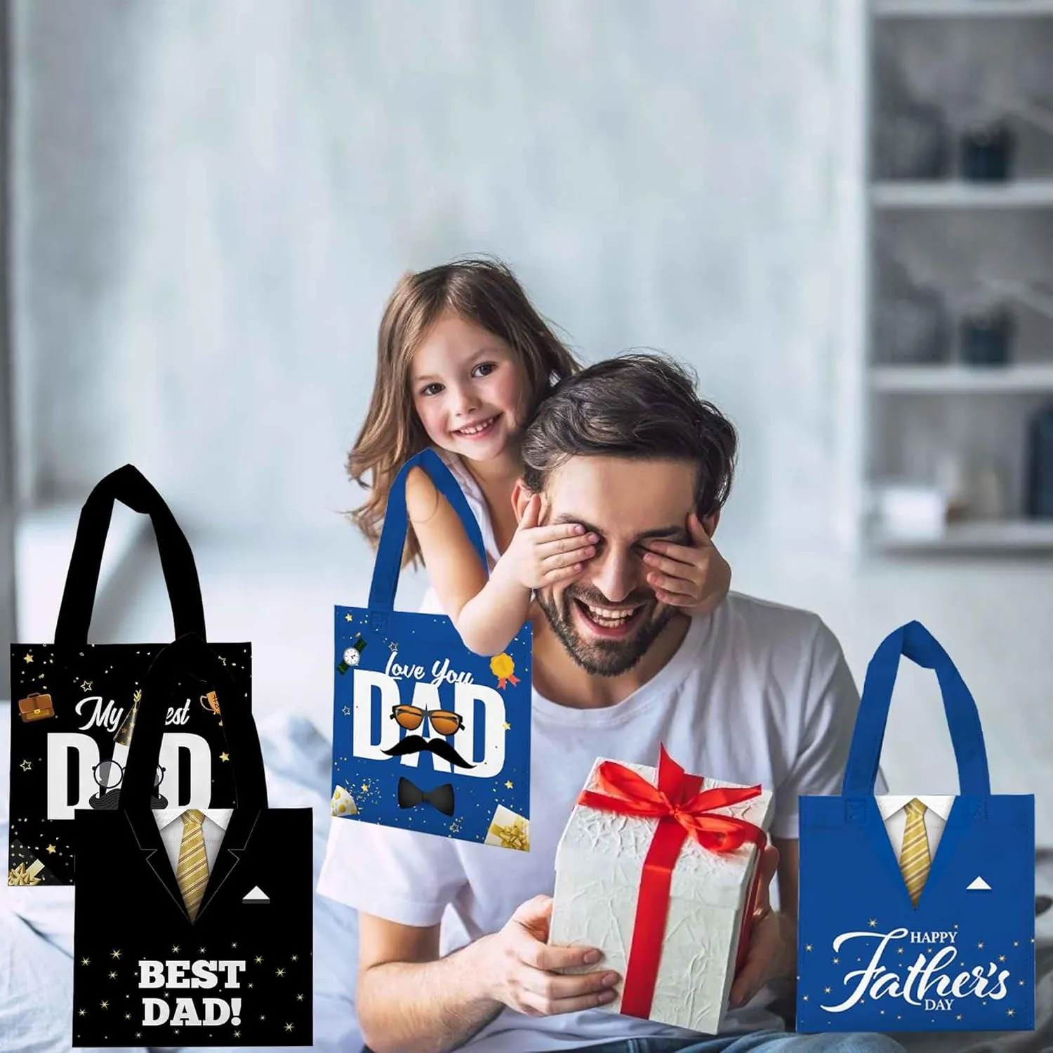 HABDJILTY 20 Pcs Father's Day Gift Bags Best Dad Treat Candy Goodie Bag with Handle Reusable Non-woven Gift Wrap Bags for Dad Grandpa Happy Fathers Day Party Favors Supplies Decorations