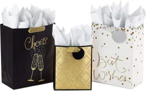 Hallmark All Occasion Gift Bags Assortment with Tissue Paper - Black and Gold (Pack of 3, 2 Large 13" and 1 Medium 9" for Anniversaries, Weddings, Birthdays, Holidays and More)