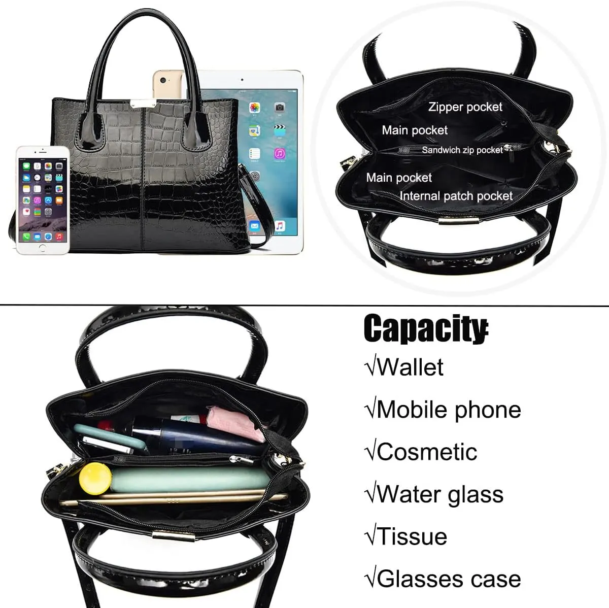 Handbag and Purse for Women Patent Leather Shoulder Bag Crocodile Pattern Top-Handle Satchel Tote Wallet