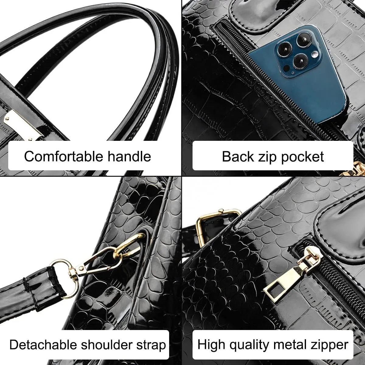 Handbag and Purse for Women Patent Leather Shoulder Bag Crocodile Pattern Top-Handle Satchel Tote Wallet