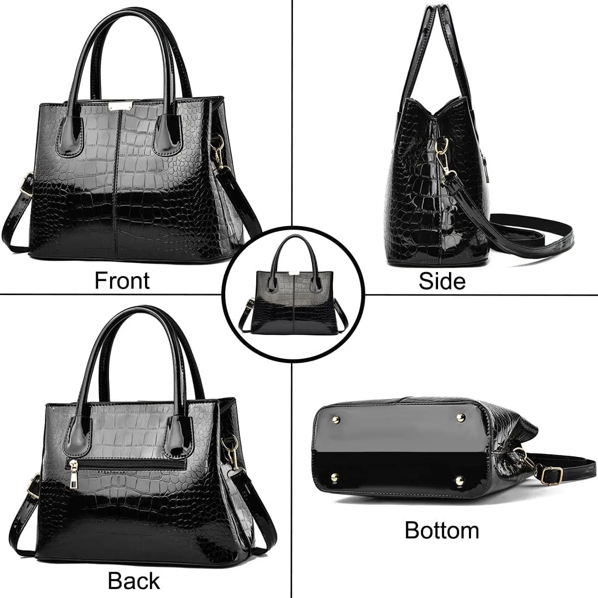 Handbag and Purse for Women Patent Leather Shoulder Bag Crocodile Pattern Top-Handle Satchel Tote Wallet