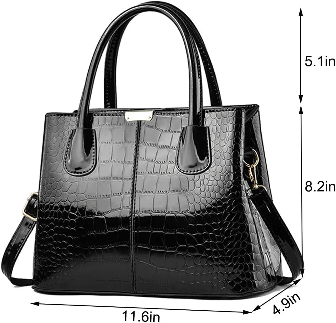 Handbag and Purse for Women Patent Leather Shoulder Bag Crocodile Pattern Top-Handle Satchel Tote Wallet