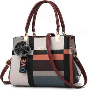 Handbags for Womens PU Leather Zipper Tote Bag Purse Roomy Color Block Fashion Top Handle Satchel Messenger Shoulder Bags