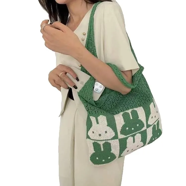 Handmade Hobo Purses and Handbags for Women, Handmade Shoulder Bags, Mesh Beach Bag, Rabbit Crochet Tote Bag Hobo Shoulder Bags (Green)