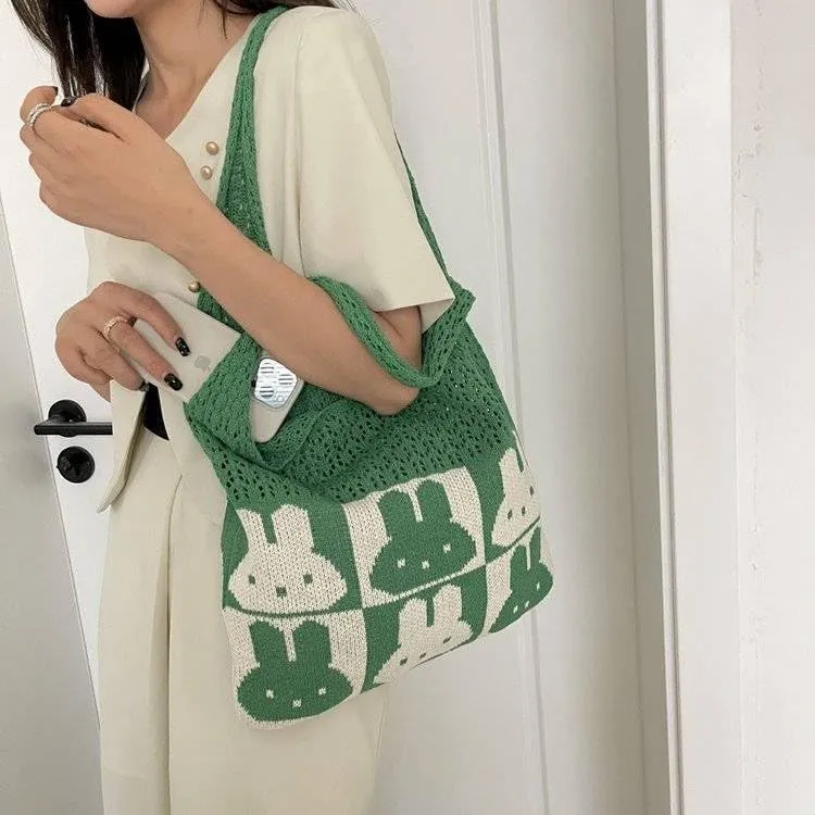 Handmade Hobo Purses and Handbags for Women, Handmade Shoulder Bags, Mesh Beach Bag, Rabbit Crochet Tote Bag Hobo Shoulder Bags (Green)