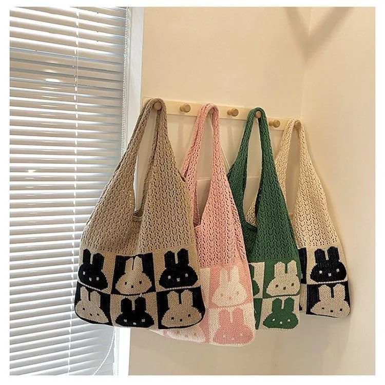 Handmade Hobo Purses and Handbags for Women, Handmade Shoulder Bags, Mesh Beach Bag, Rabbit Crochet Tote Bag Hobo Shoulder Bags (Green)