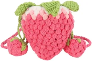 Handmade Knitted Purse, Wool Woven Cartoon Strawberry Handbag,Knitted Strawberry Shoulder Bag Crochet Bags for Women