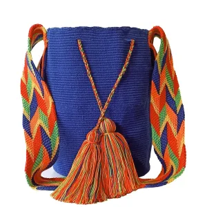 Handmade Large Wayuu bag, Colombian mochila wayuu. Ancient and precious piece of art made by indigenous, Blue bag - colorful pom poms and strap. Shoulder or crossbody crocheted bag. Gift ready!