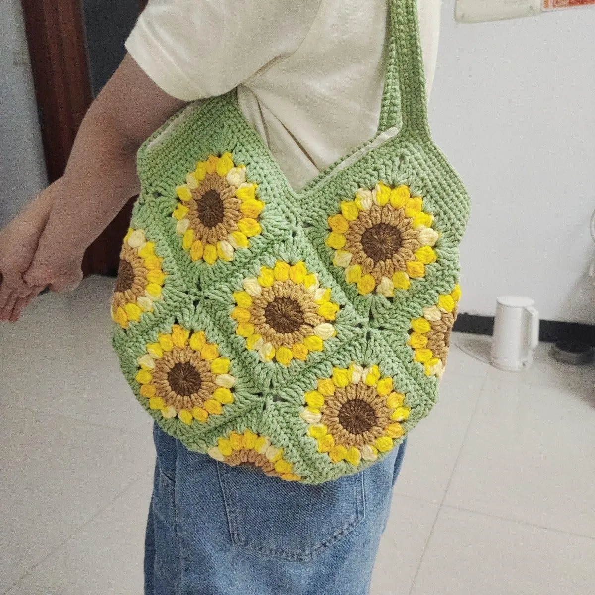 Handmade Purses and Handbags for Women, Handmade Sunflower Shoulder Bags for Women, Crochet Tote Handbag Shoulder Bags, Large Summer Purse Beach Bag