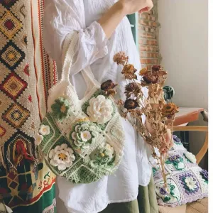 Handmade Purses and Handbags for Women, Handmade Wisteria Flower Shoulder Bags for Women, Crochet Tote Handbag Shoulder Bags (Green)
