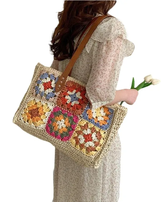 Handmade Summer Purses and Handbags for Women, Knitted Straw Summer Purse with Lining, Beach Tote Bag Shoulder Bags for Women and Girls, Zipper Closure (Beige)