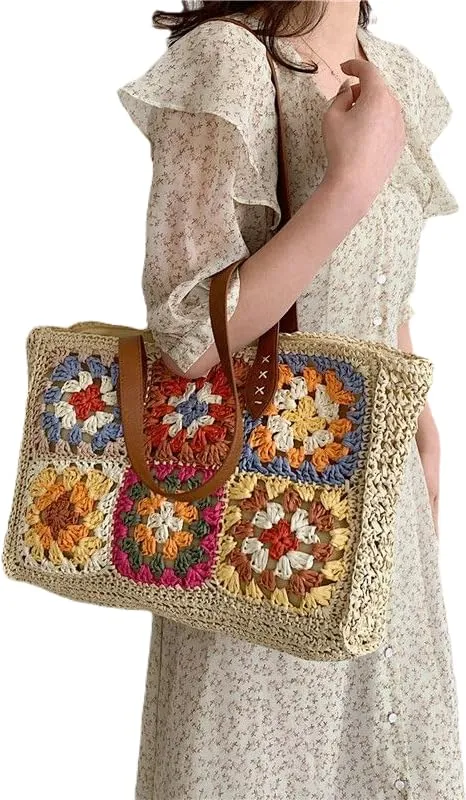 Handmade Summer Purses and Handbags for Women, Knitted Straw Summer Purse with Lining, Beach Tote Bag Shoulder Bags for Women and Girls, Zipper Closure (Beige)