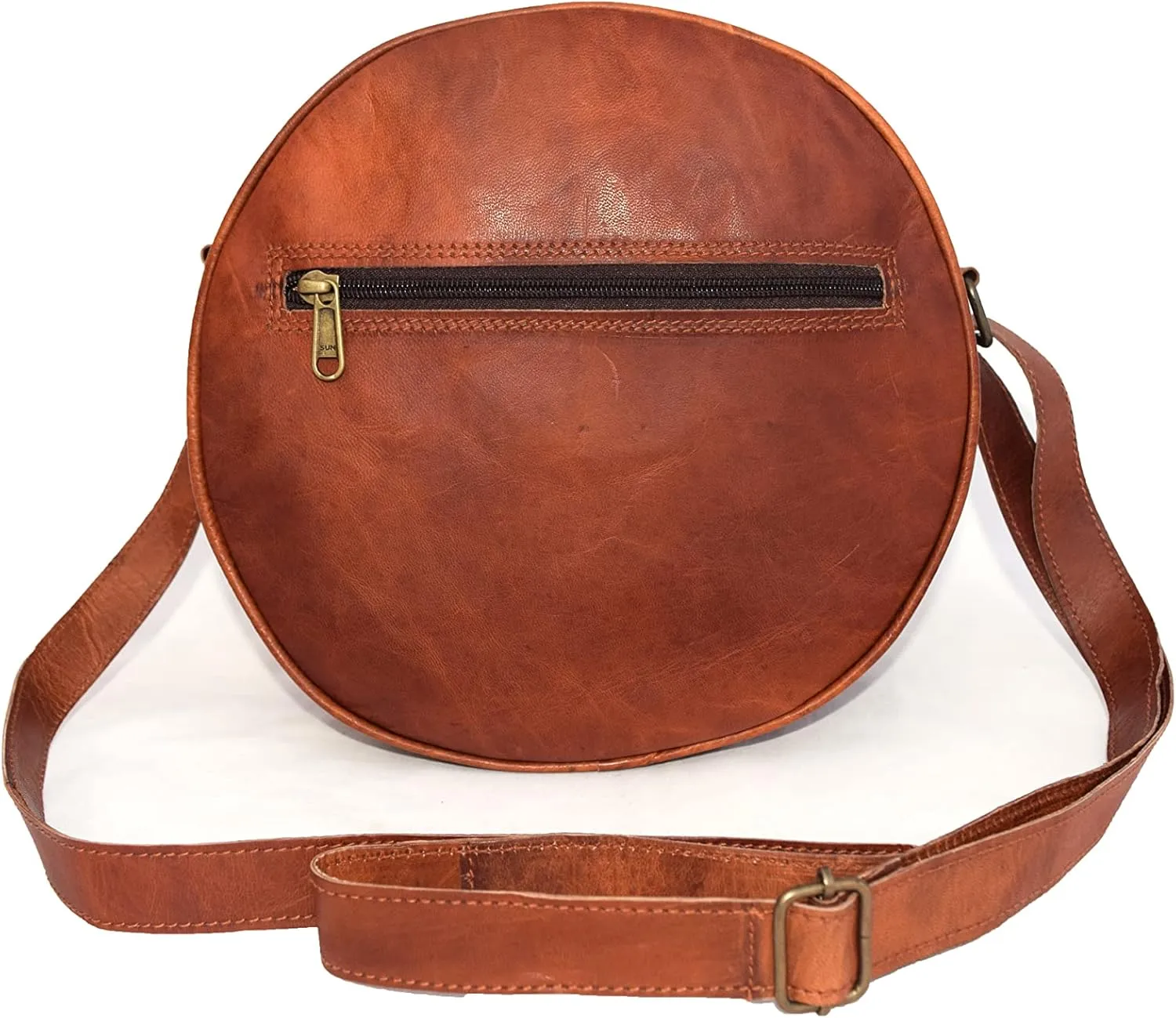 Handmade Vintage Leather Crossbody Bag Women/Teen Girls Satchel Handbag Round Messenger Sling Bags, 10 Inch Small, Brown