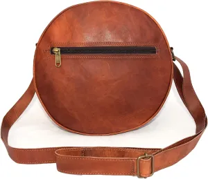 Handmade Vintage Leather Crossbody Bag Women/Teen Girls Satchel Handbag Round Messenger Sling Bags, 10 Inch Small, Brown