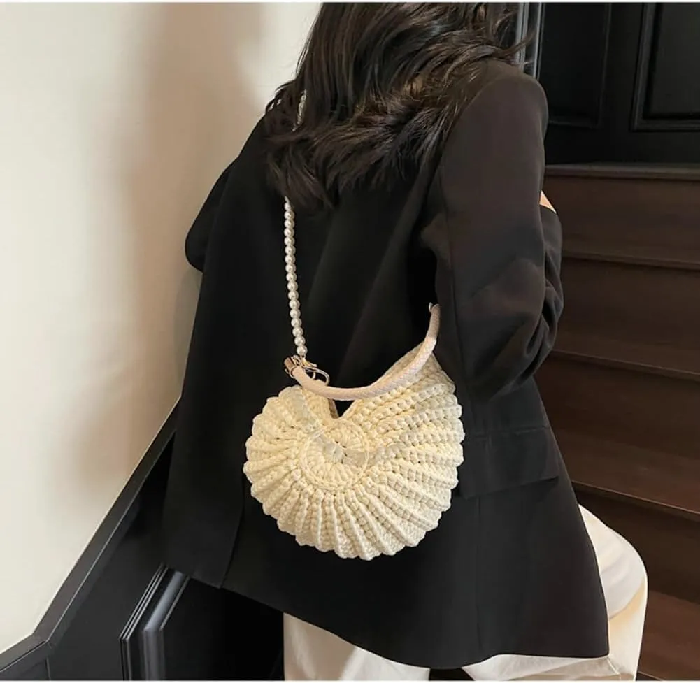 Handwoven Seashell Hobo Bags Women Crochet Summer Beach Bag Boho Knitted Evening Clutch Purses Hobo Crossbody Shoulder Bag