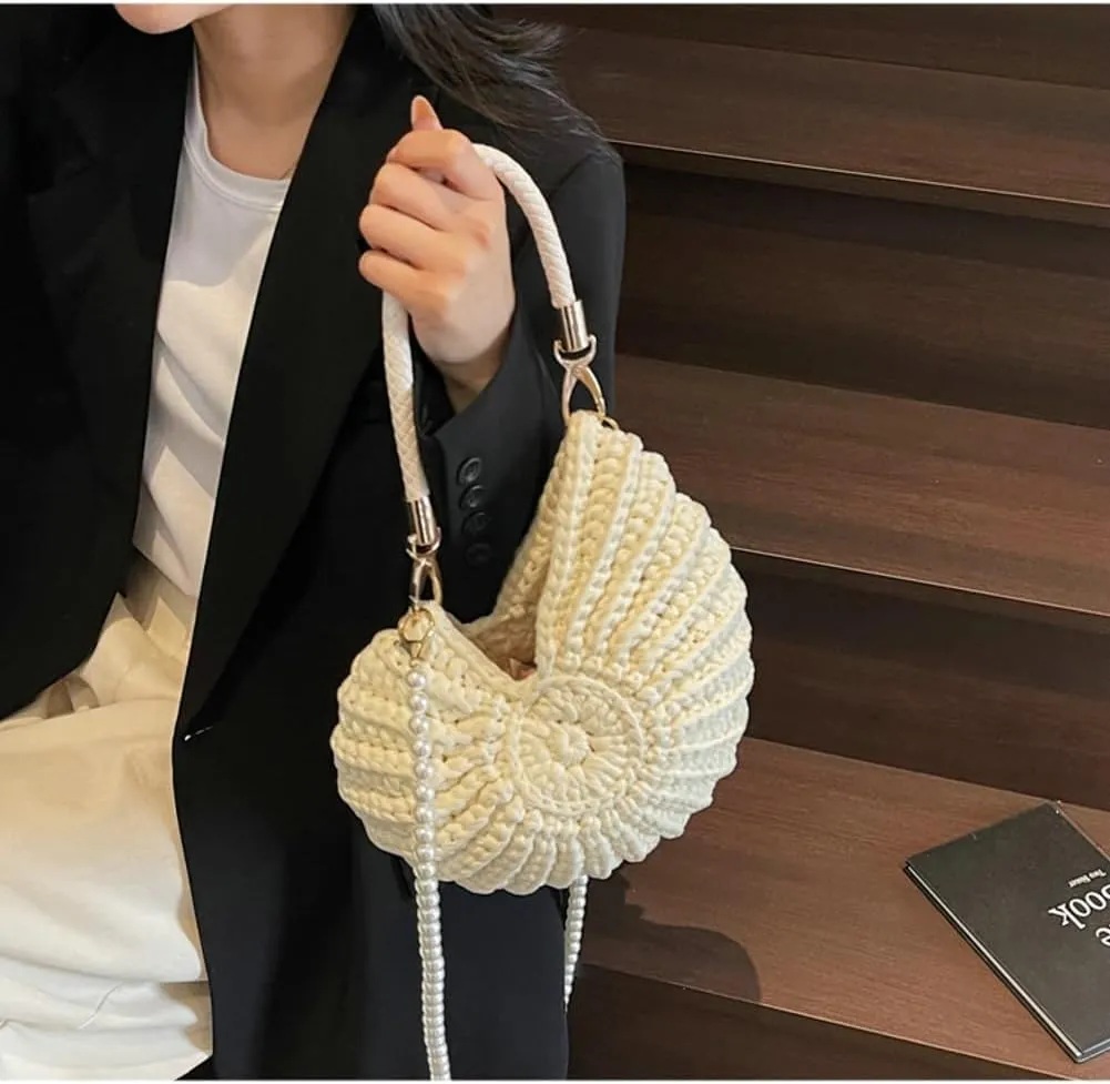 Handwoven Seashell Hobo Bags Women Crochet Summer Beach Bag Boho Knitted Evening Clutch Purses Hobo Crossbody Shoulder Bag