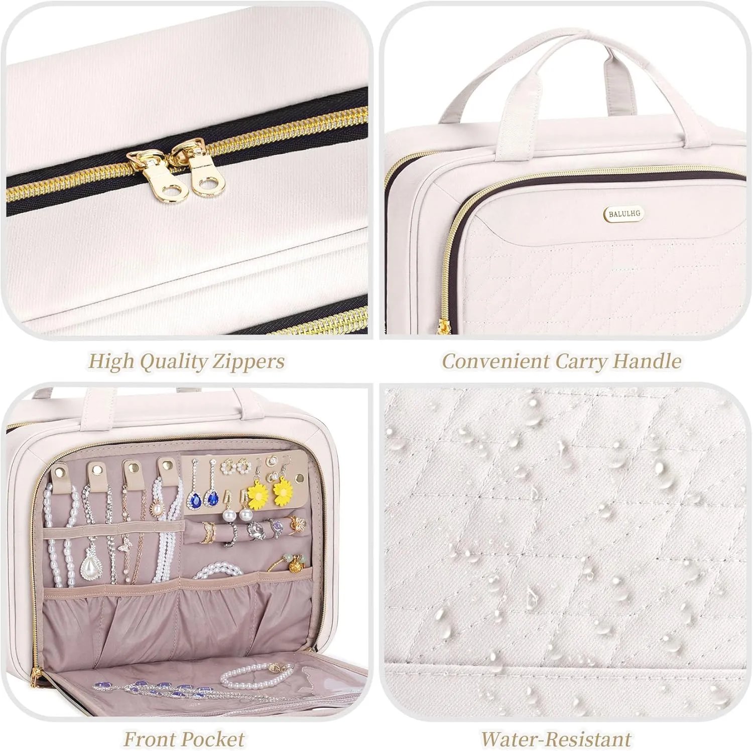 Hanging Hook Toiletry Bag with Jewelry Compartment Full-Sized Toiletries and Cosmetics For Travel, Makeup, Organizer, Women, Beige