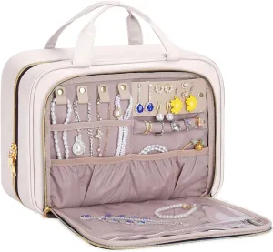 Hanging Hook Toiletry Bag with Jewelry Compartment Full-Sized Toiletries and Cosmetics For Travel, Makeup, Organizer, Women, Beige