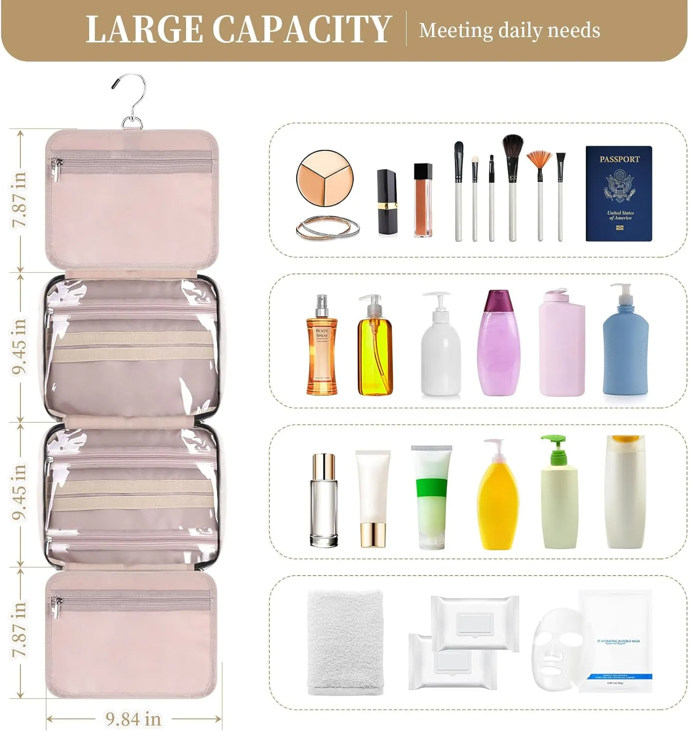 Hanging Hook Toiletry Bag with Jewelry Compartment Full-Sized Toiletries and Cosmetics For Travel, Makeup, Organizer, Women, Beige