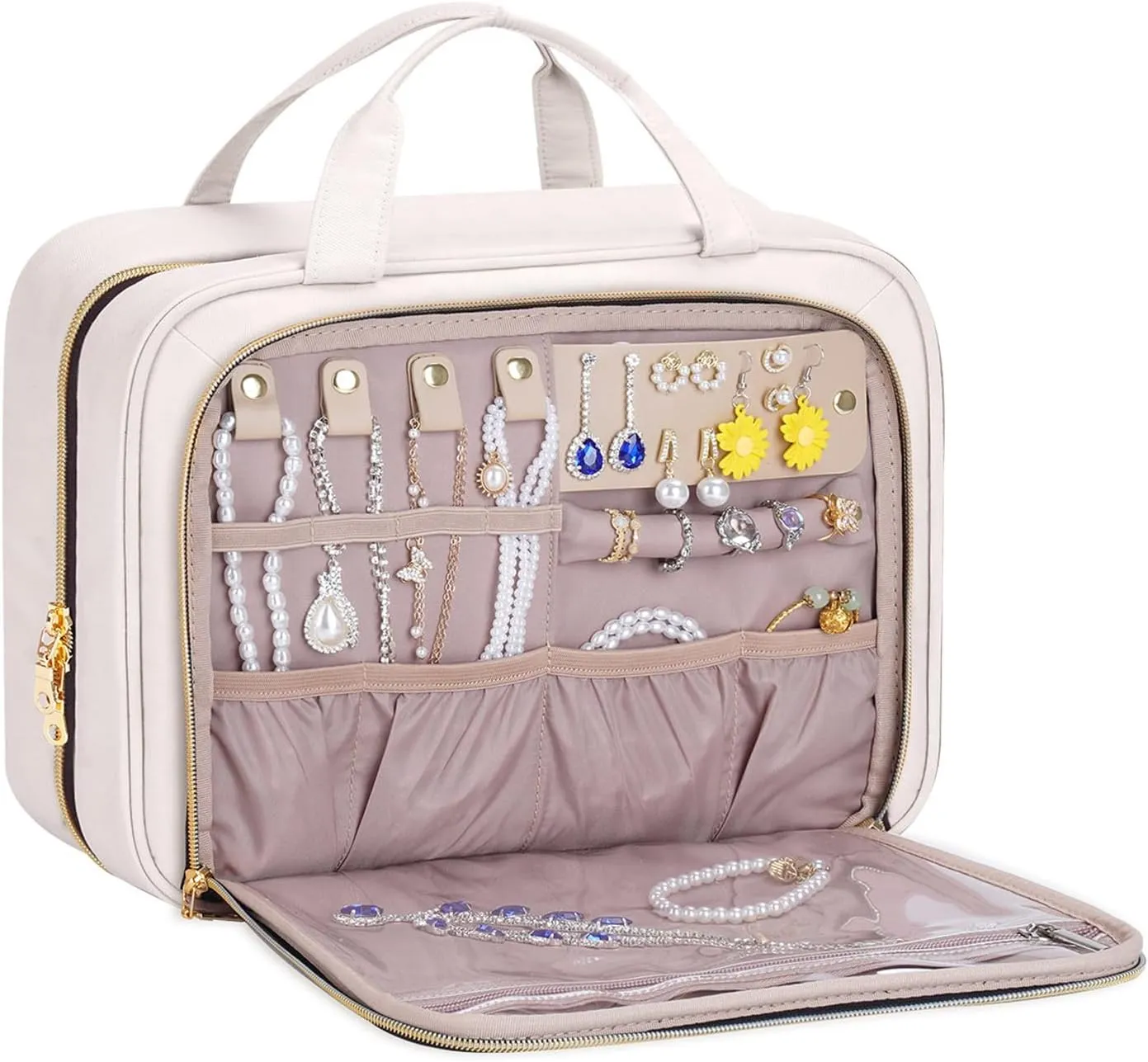 Hanging Hook Toiletry Bag with Jewelry Compartment Full-Sized Toiletries and Cosmetics For Travel, Makeup, Organizer, Women, Beige