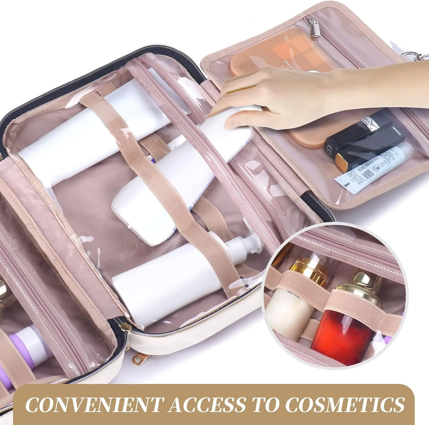 Hanging Hook Toiletry Bag with Jewelry Compartment Full-Sized Toiletries and Cosmetics For Travel, Makeup, Organizer, Women, Beige