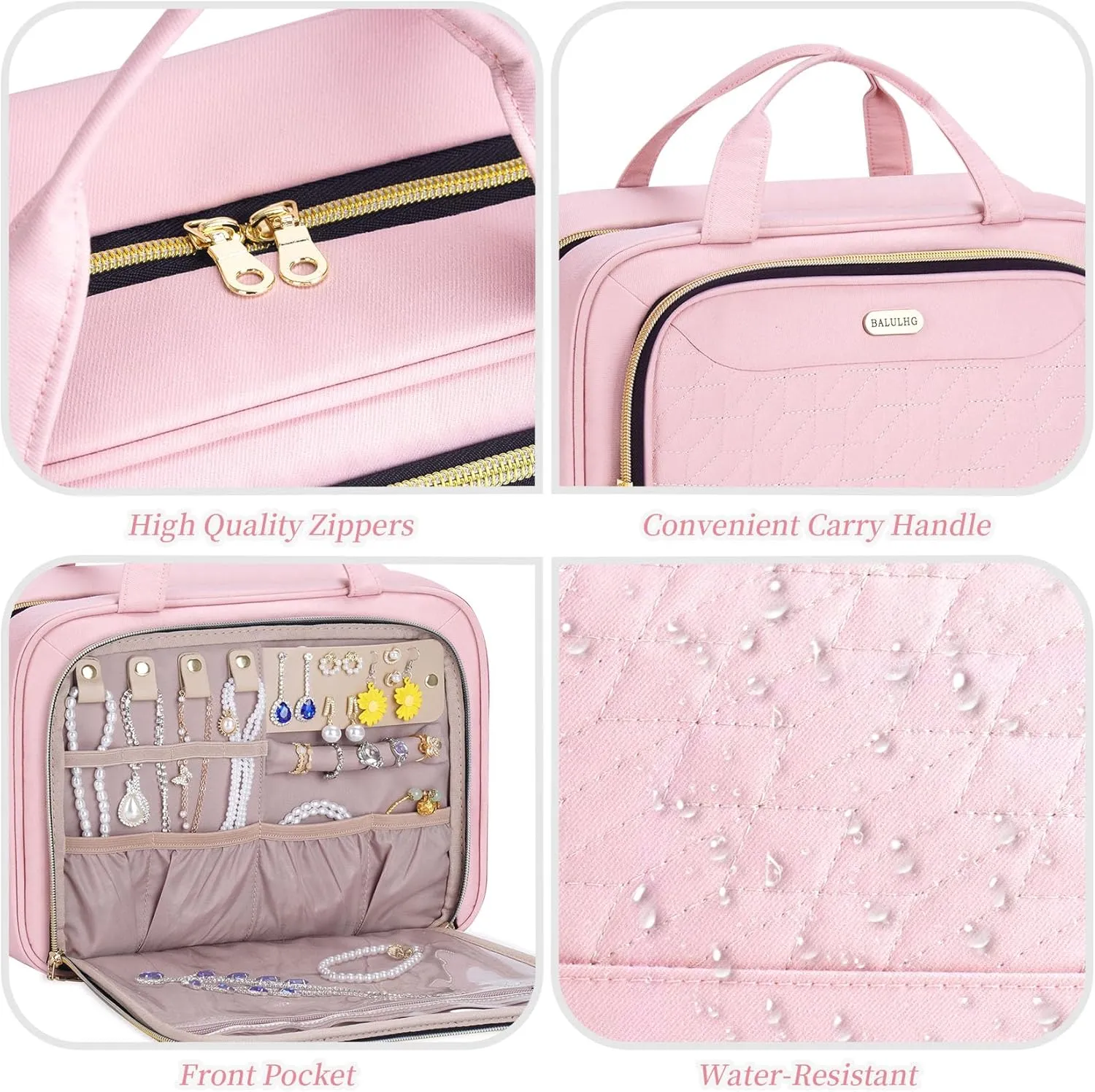 Hanging Hook Toiletry Bag with Jewelry Compartment Full-Sized Toiletries and Cosmetics For Travel, Makeup,Organizer, Women, Pink