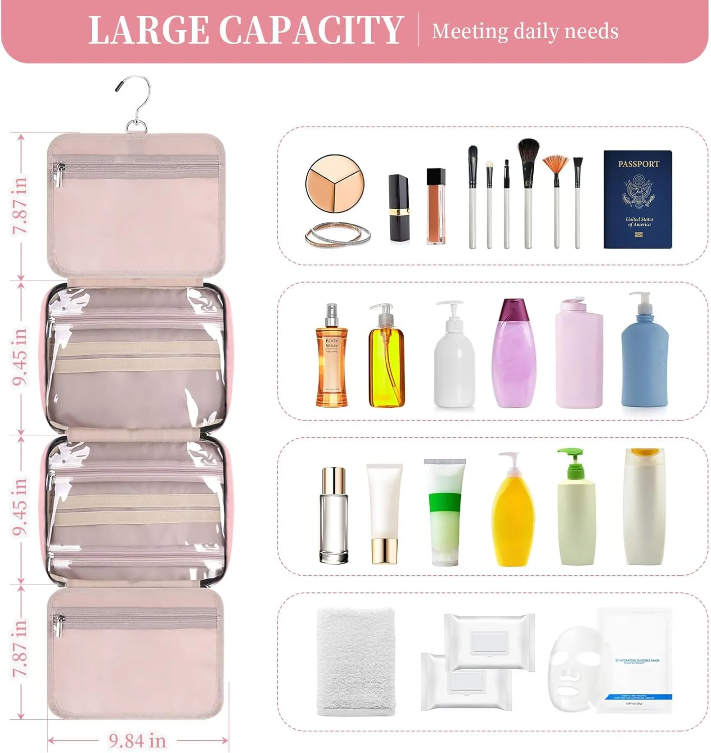 Hanging Hook Toiletry Bag with Jewelry Compartment Full-Sized Toiletries and Cosmetics For Travel, Makeup,Organizer, Women, Pink