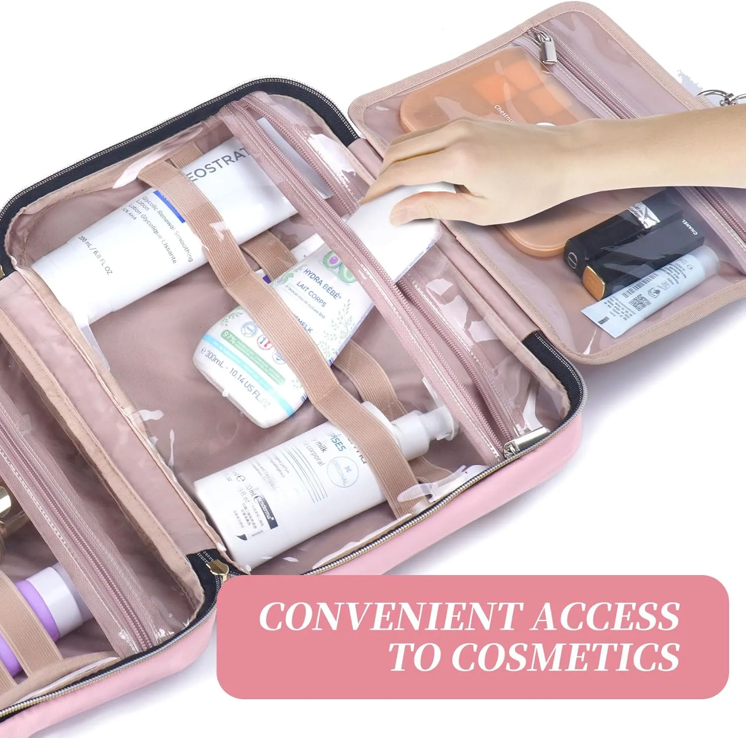Hanging Hook Toiletry Bag with Jewelry Compartment Full-Sized Toiletries and Cosmetics For Travel, Makeup,Organizer, Women, Pink