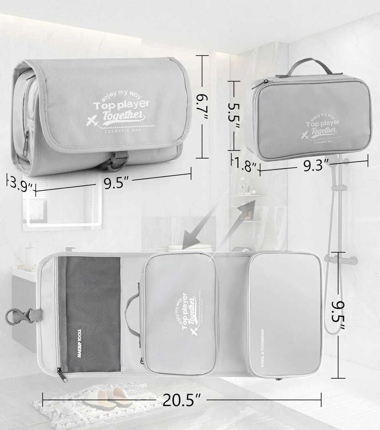 Hanging toiletry bag for men - large functional hanging travel toiletry bag with detachable wet/dry compartments. mens hanging toiletry travel bag (grey)