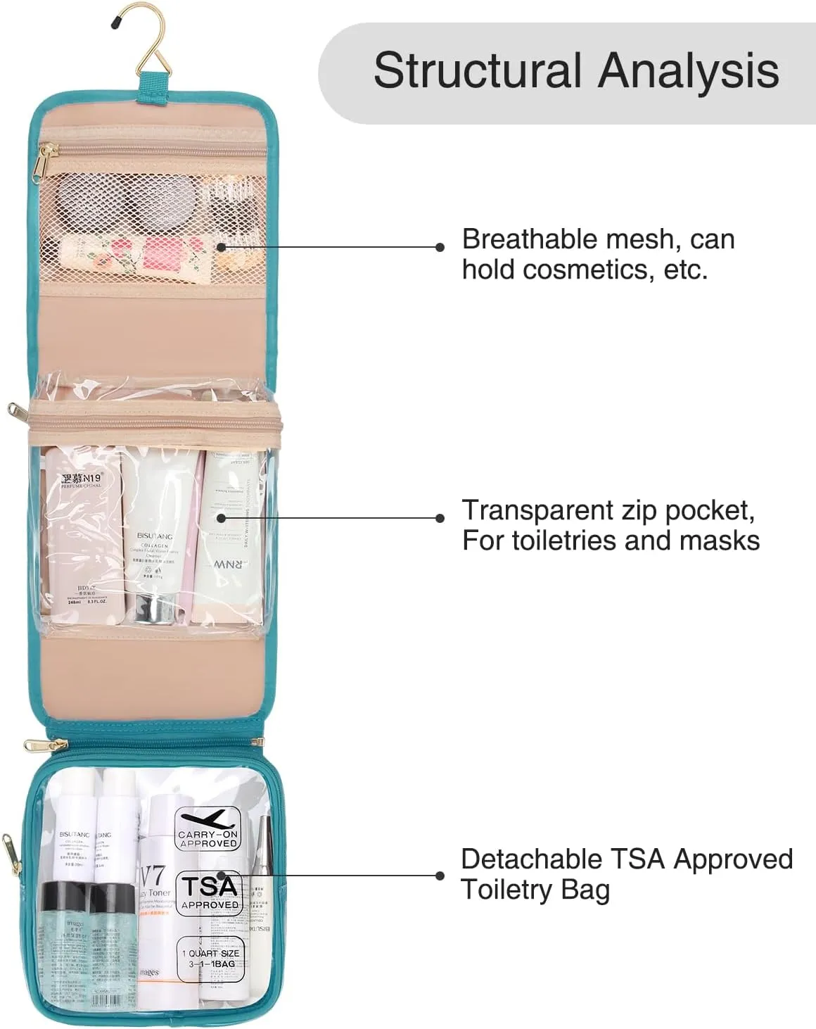 Hanging Toiletry Bag for Women with Tsa Approved Toiletry Bag, Travel Foldable Toiletries Bag Cosmetics Jewelry Toiletry Bag Water Resistant Makeup Organizer for Traveling