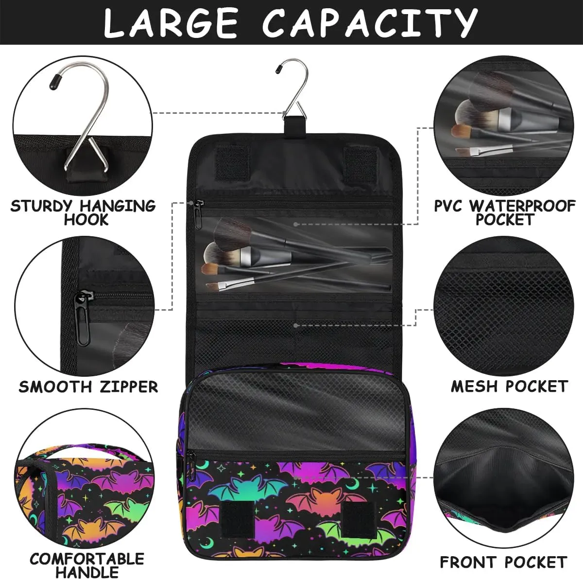 Hanging Toiletry Bag Halloween Bat Women Travel Makeup Bag Organizer Toiletries Bag for Travel Size Essentials Accessories Cosmetics