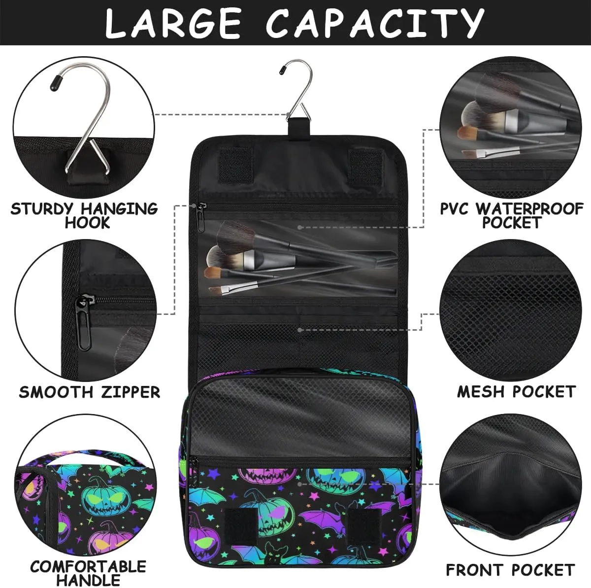 Hanging Toiletry Bag Halloween Pumpkin Women Travel Makeup Bag Organizer Toiletries Bag for Travel Size Essentials Accessories Cosmetics