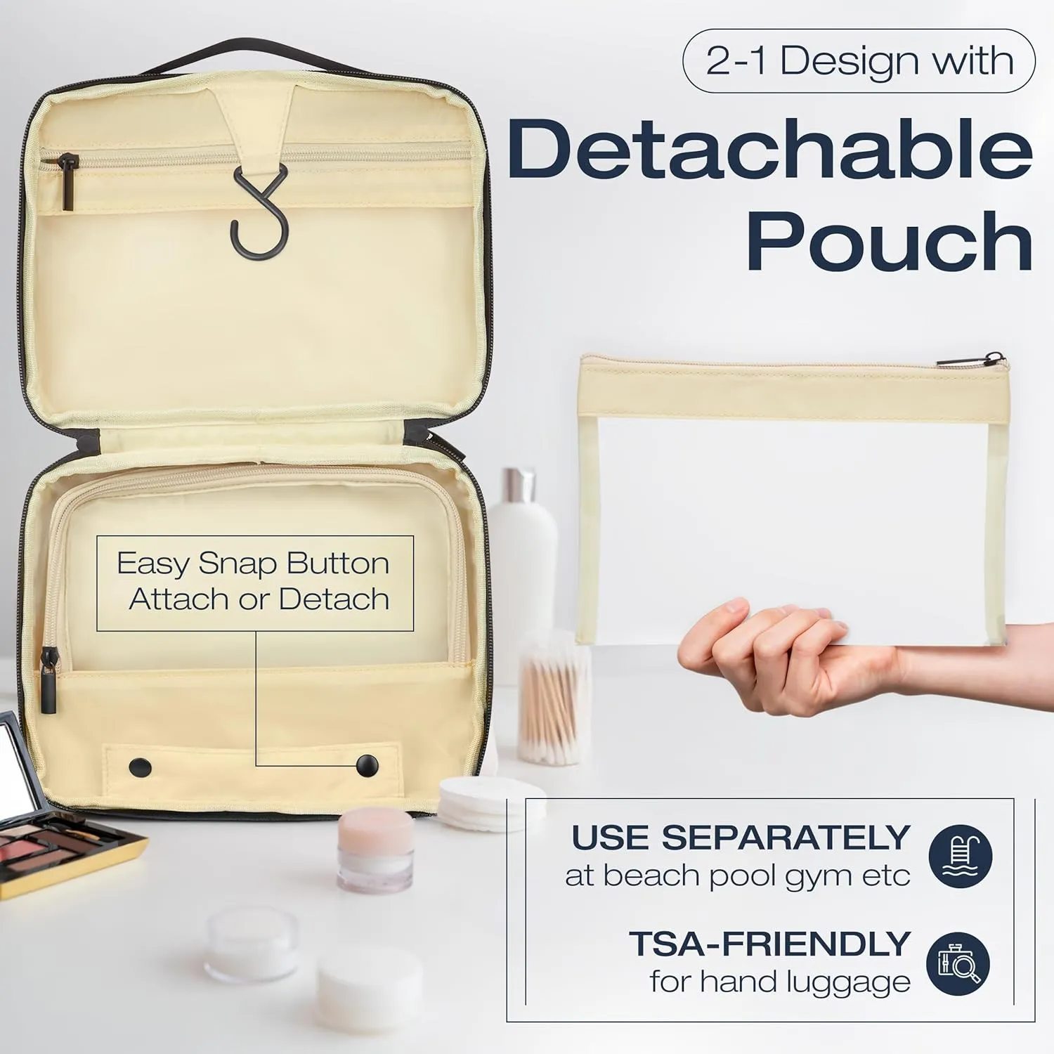 Hanging Toiletry Bag with TSA Approved Detachable Pouch, Travel Toiletry Bag, Water Resistant, Premium Nylon, Full-Size Bottles, Travel Size Toiletries Cosmetic Bag, Makeup Bag, Unisex (Black)