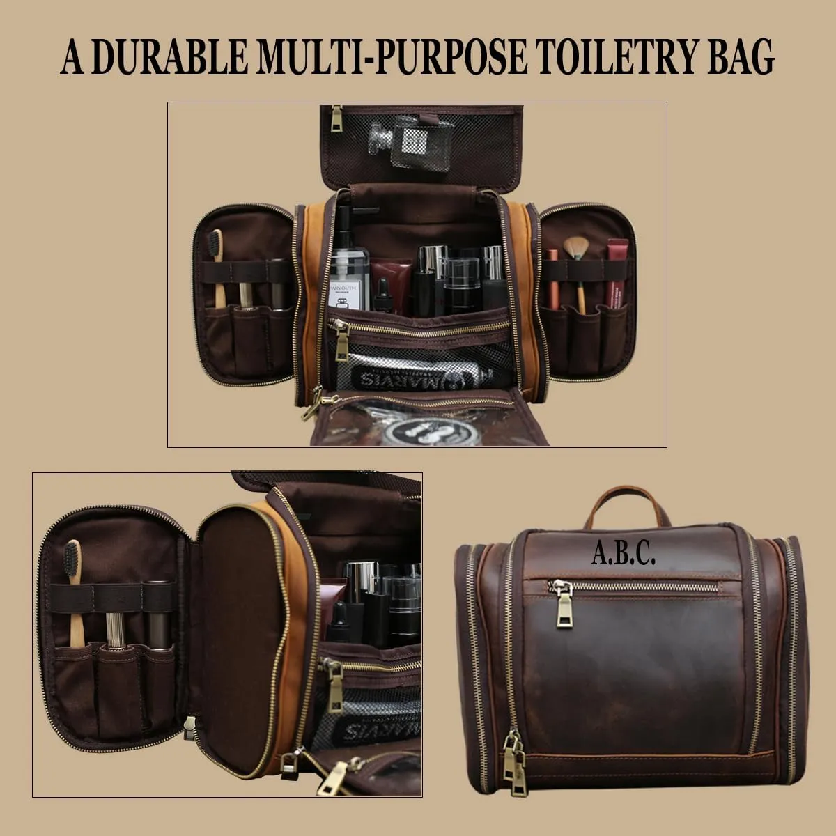 Hanging Toiletry Bag,Personalized Genuine Leather Shaving & Dopp Kit Bag for Men & Women,Travel Organizer for Toiletries,Best Man Gift,Wedding Gifts (customize)
