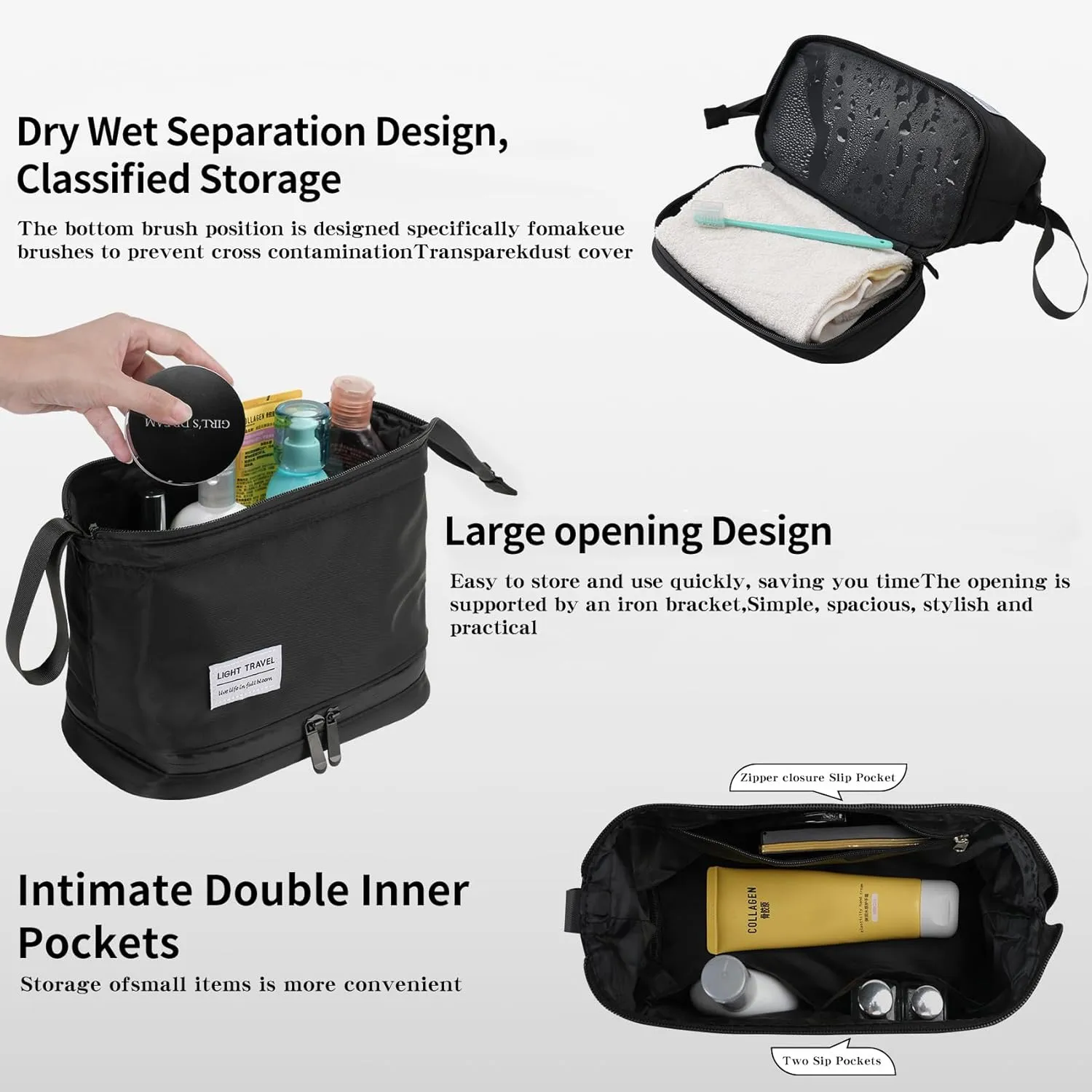 Hanging Travel Toiletry Bag for Men,Shaving Bag,Waterproof,Dry Wet Separation,Large Capacity, 8.66 x 4.92 x 6.5 In, Suitable for Accessoriestravel Toiletry Organizer(Men, Jet Black)