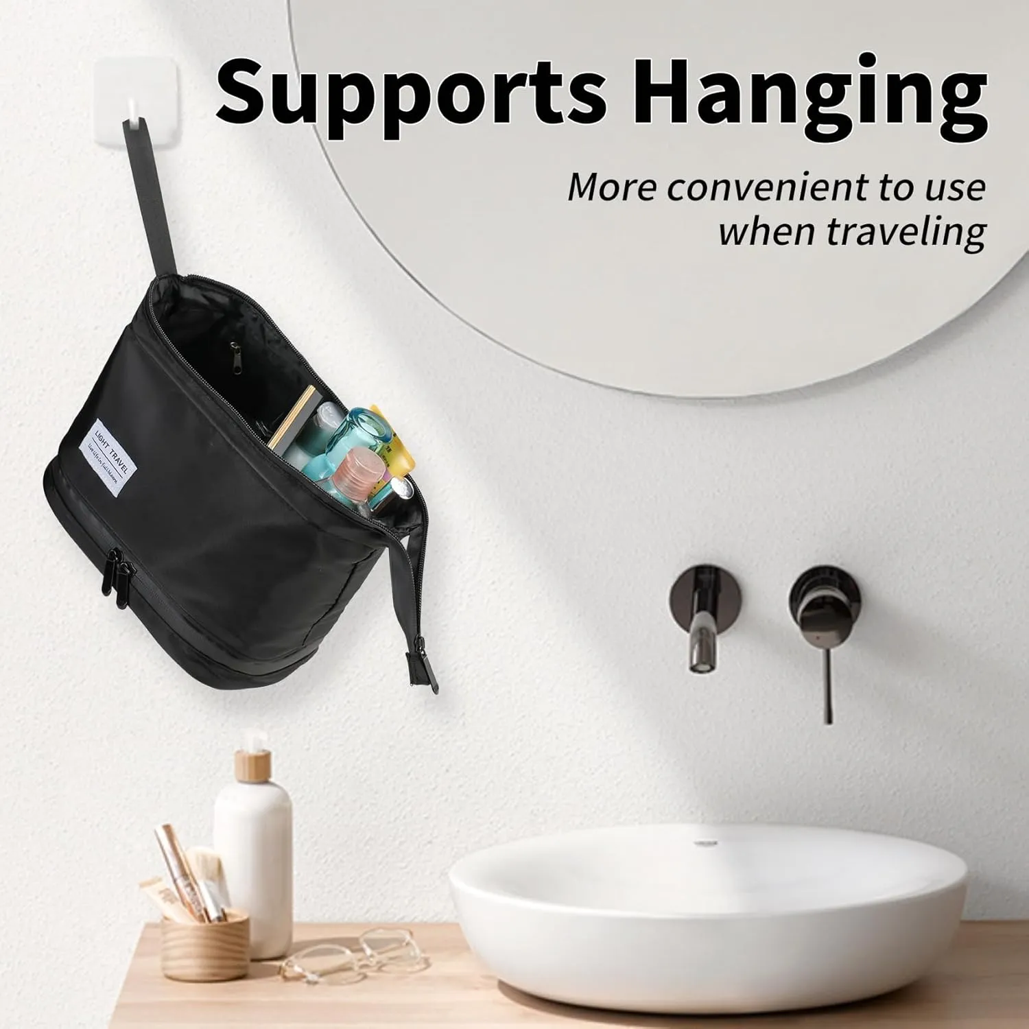 Hanging Travel Toiletry Bag for Men,Shaving Bag,Waterproof,Dry Wet Separation,Large Capacity, 8.66 x 4.92 x 6.5 In, Suitable for Accessoriestravel Toiletry Organizer(Men, Jet Black)